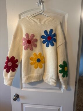 Cream Knit Sweater with Multicolor Floral Appliqués